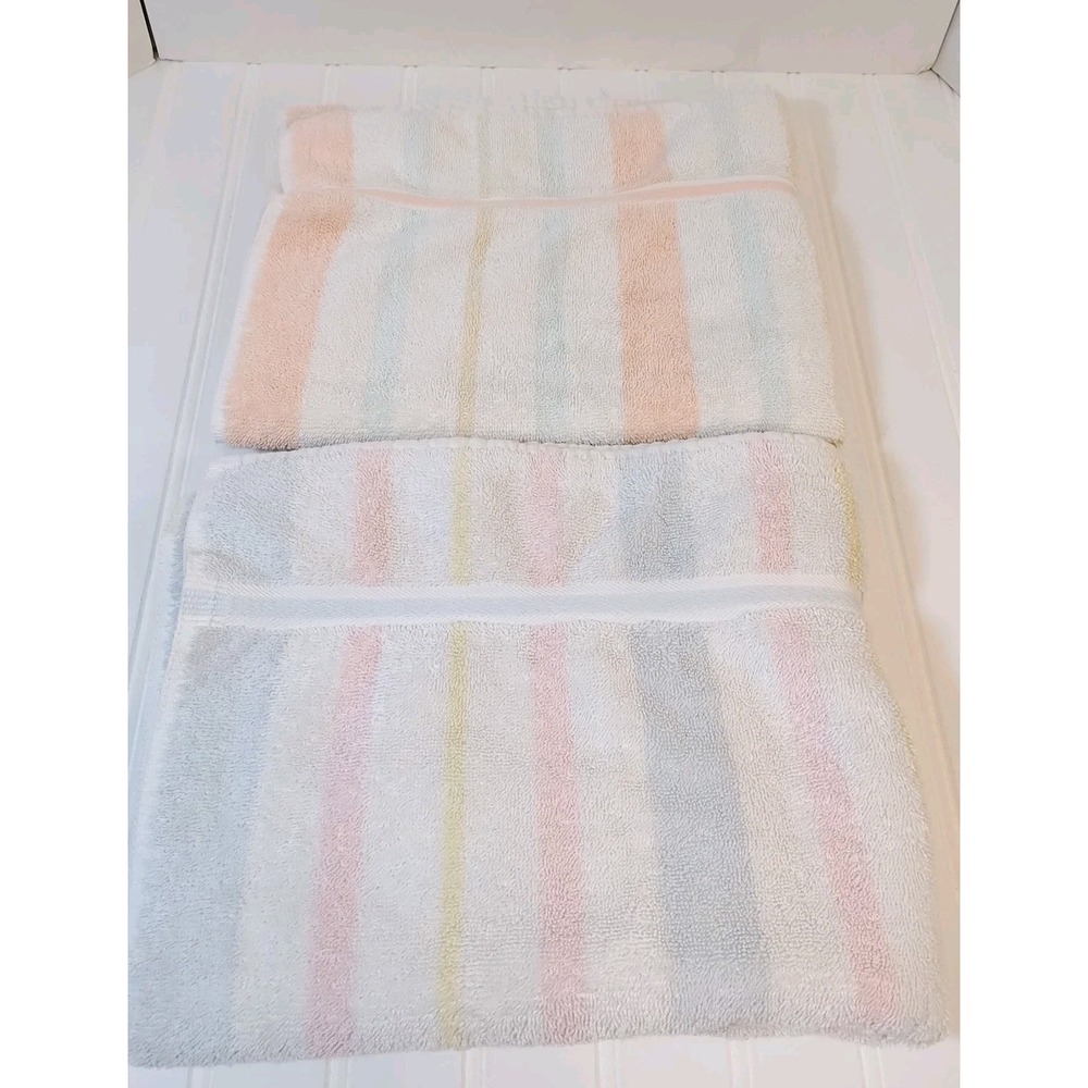Vtg Stevens Tri-Color Retro Striped Terry Bath Towel Pink Peach 100 Cotton 40x24
